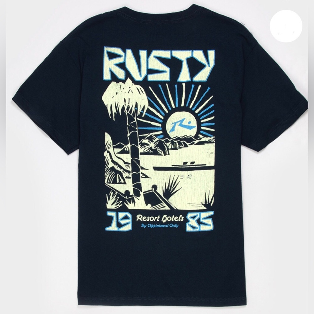 Rusty 1985 Resort Hotels Tee Shirt Men’s Size XXL Dark Navy Blue Beach Graphic